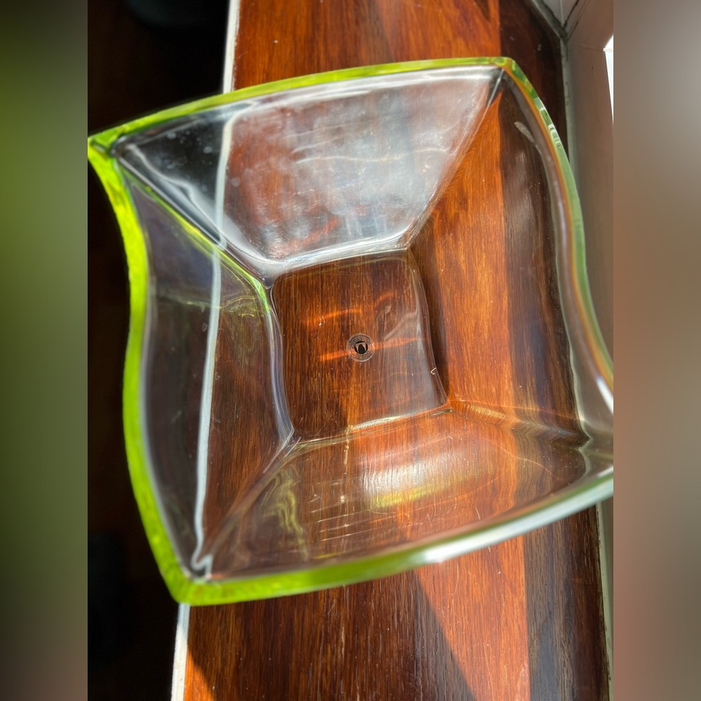 Retro German Walther-Glas Asymmetrical Bowl Heavy Green Vaseline Trim